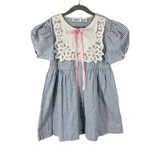 Vintage Specialty Girl Dress Cottage Coquette Stripe Puff Lace Size 6X Blue